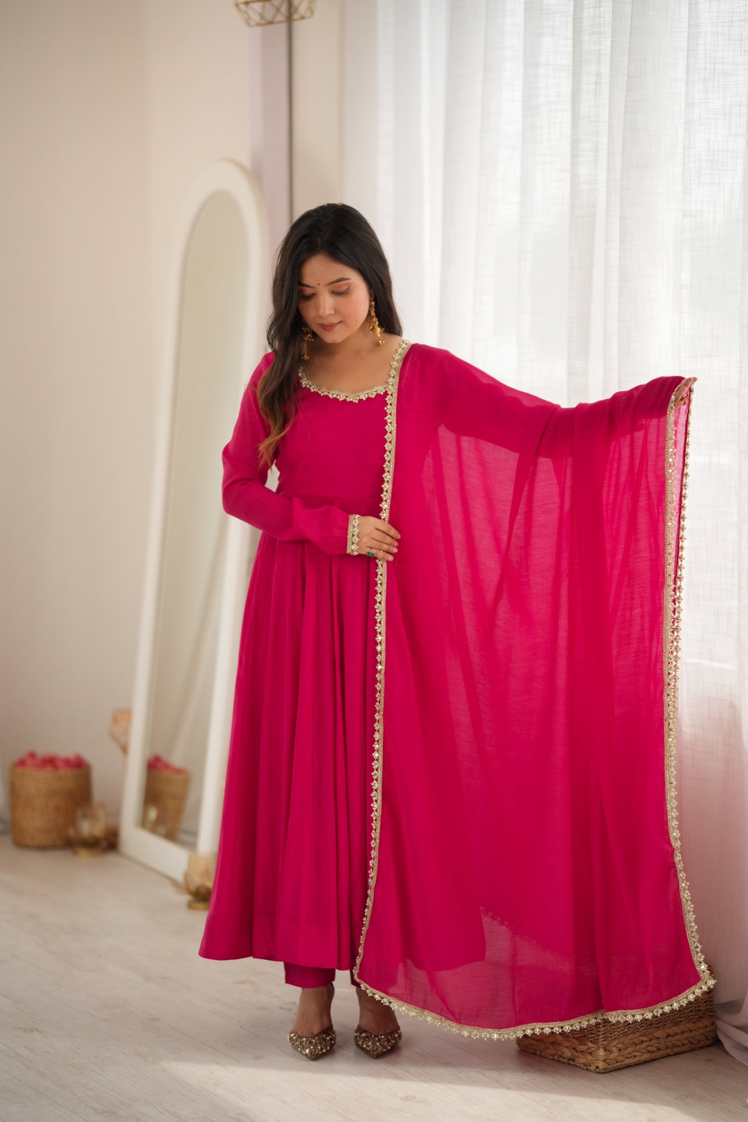 Rani Pink Chanderi Flared Anarkali Set ClothsVilla