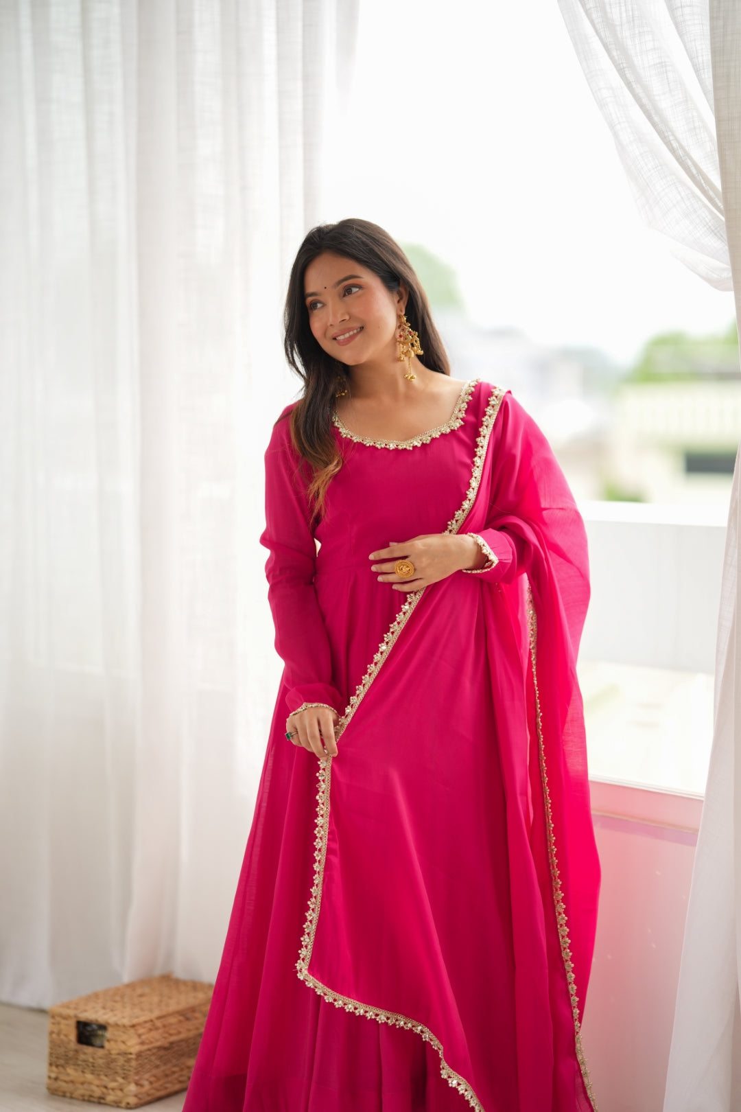 Rani Pink Chanderi Flared Anarkali Set ClothsVilla