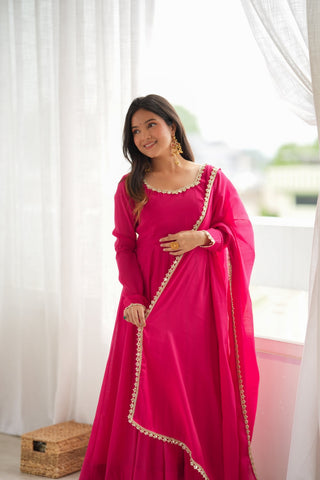 Rani Pink Chanderi Flared Anarkali Set ClothsVilla