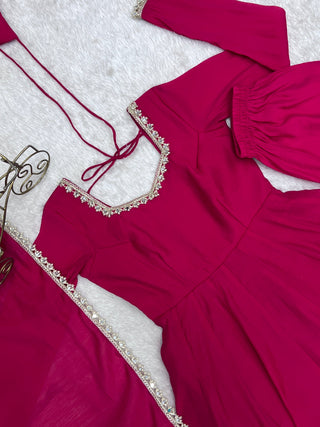 Rani Pink Chanderi Flared Anarkali Set ClothsVilla