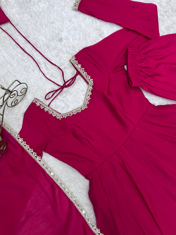 Rani Pink Chanderi Flared Anarkali Set ClothsVilla