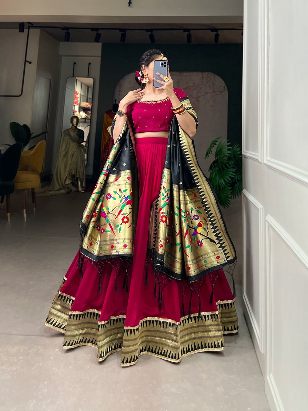 Rani Pink Color Vichitra Silk Lehenga Choli Set with Timeless Paithani Elegance ClothsVilla