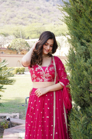 Rani Pink Designer Faux Blooming Lehenga Choli with Shimmering Sequins & Lace ClothsVilla