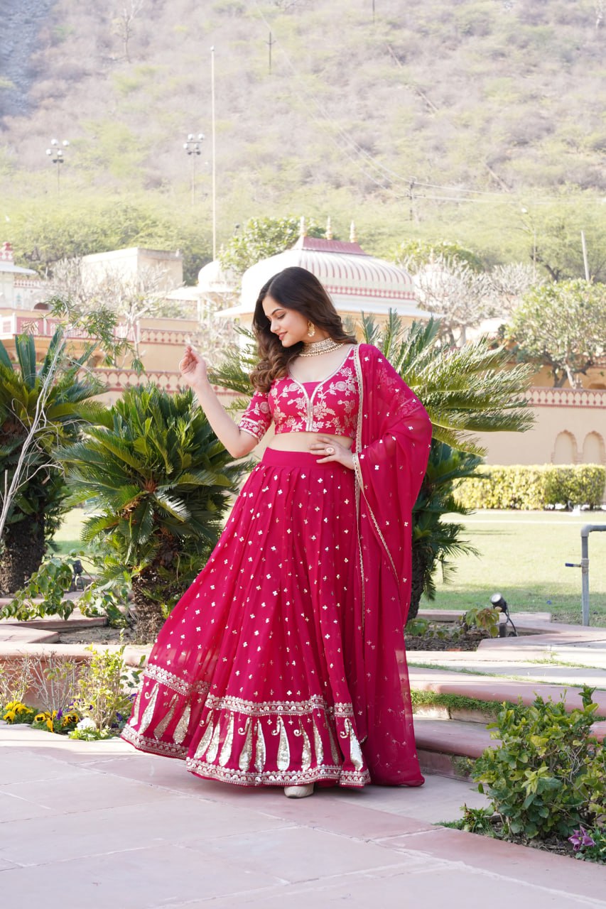 Rani Pink Designer Faux Blooming Lehenga Choli with Shimmering Sequins & Lace ClothsVilla