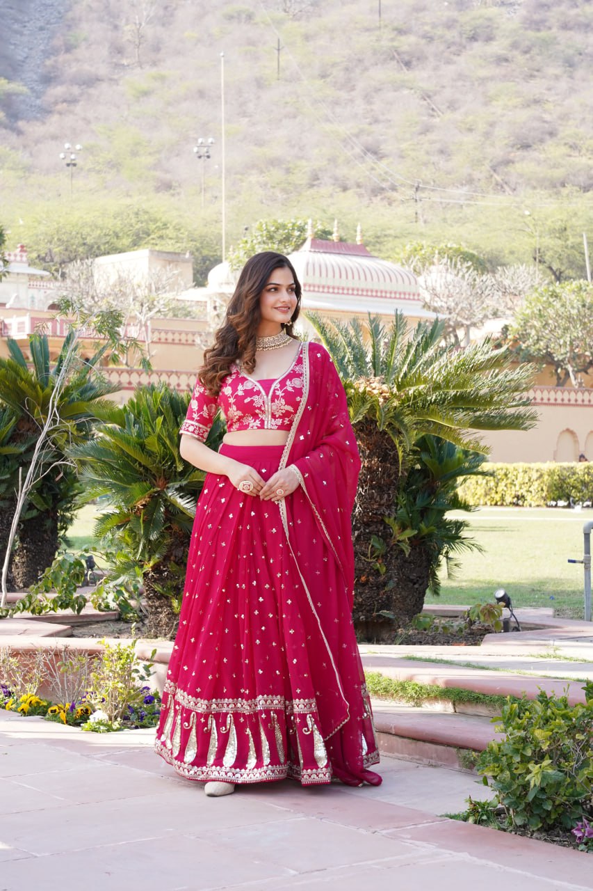 Rani Pink Designer Faux Blooming Lehenga Choli with Shimmering Sequins & Lace ClothsVilla Main image