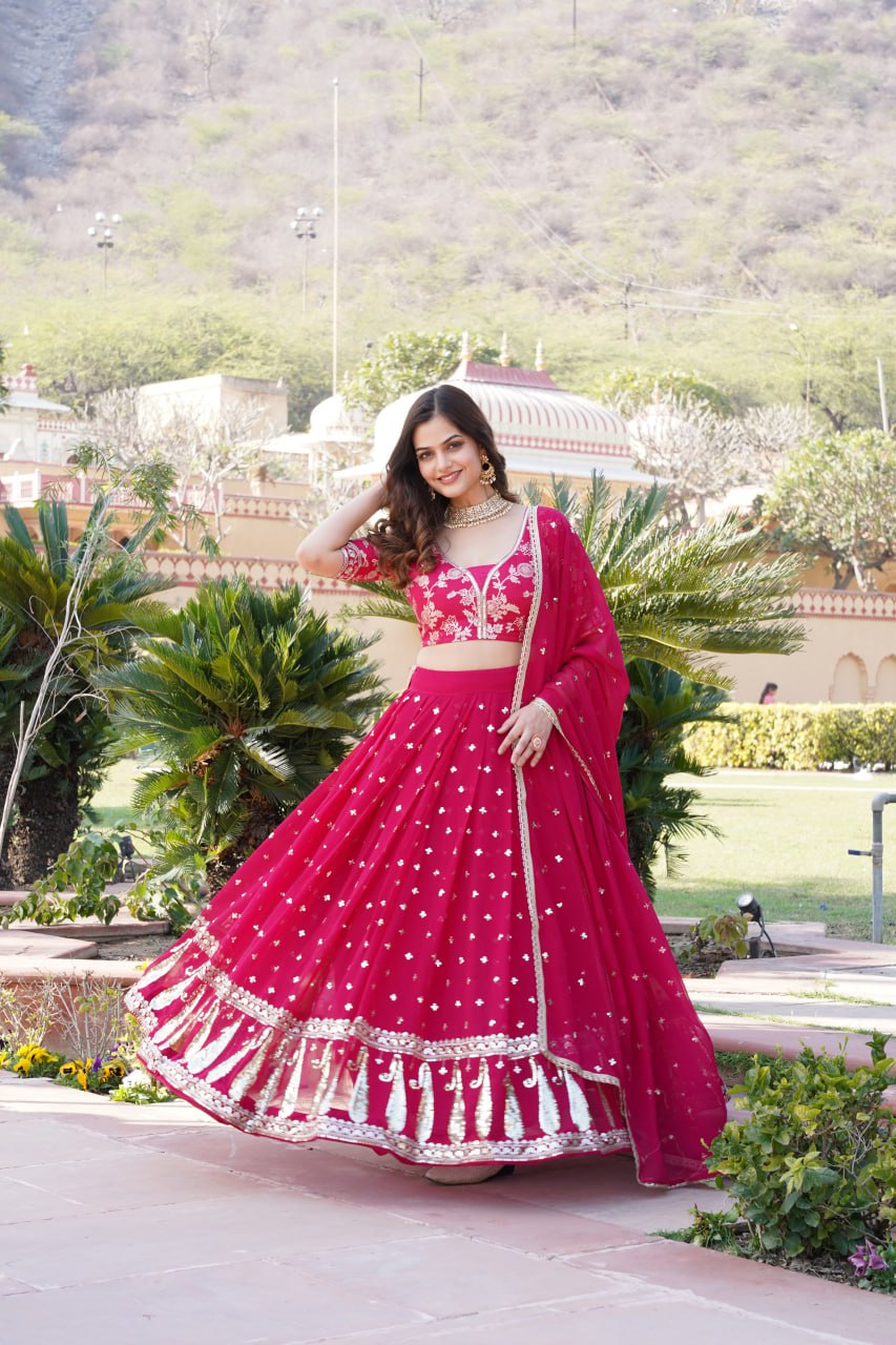 Rani Pink Designer Faux Blooming Lehenga Choli with Shimmering Sequins & Lace ClothsVilla