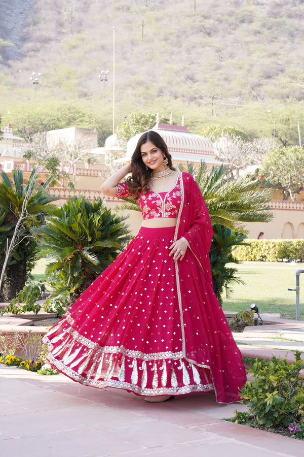 Rani Pink Designer Faux Blooming Lehenga Choli with Shimmering Sequins & Lace ClothsVilla
