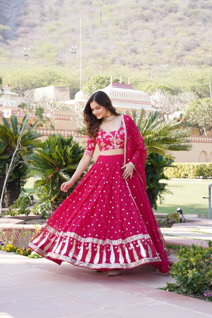 Rani Pink Designer Faux Blooming Lehenga Choli with Shimmering Sequins & Lace ClothsVilla