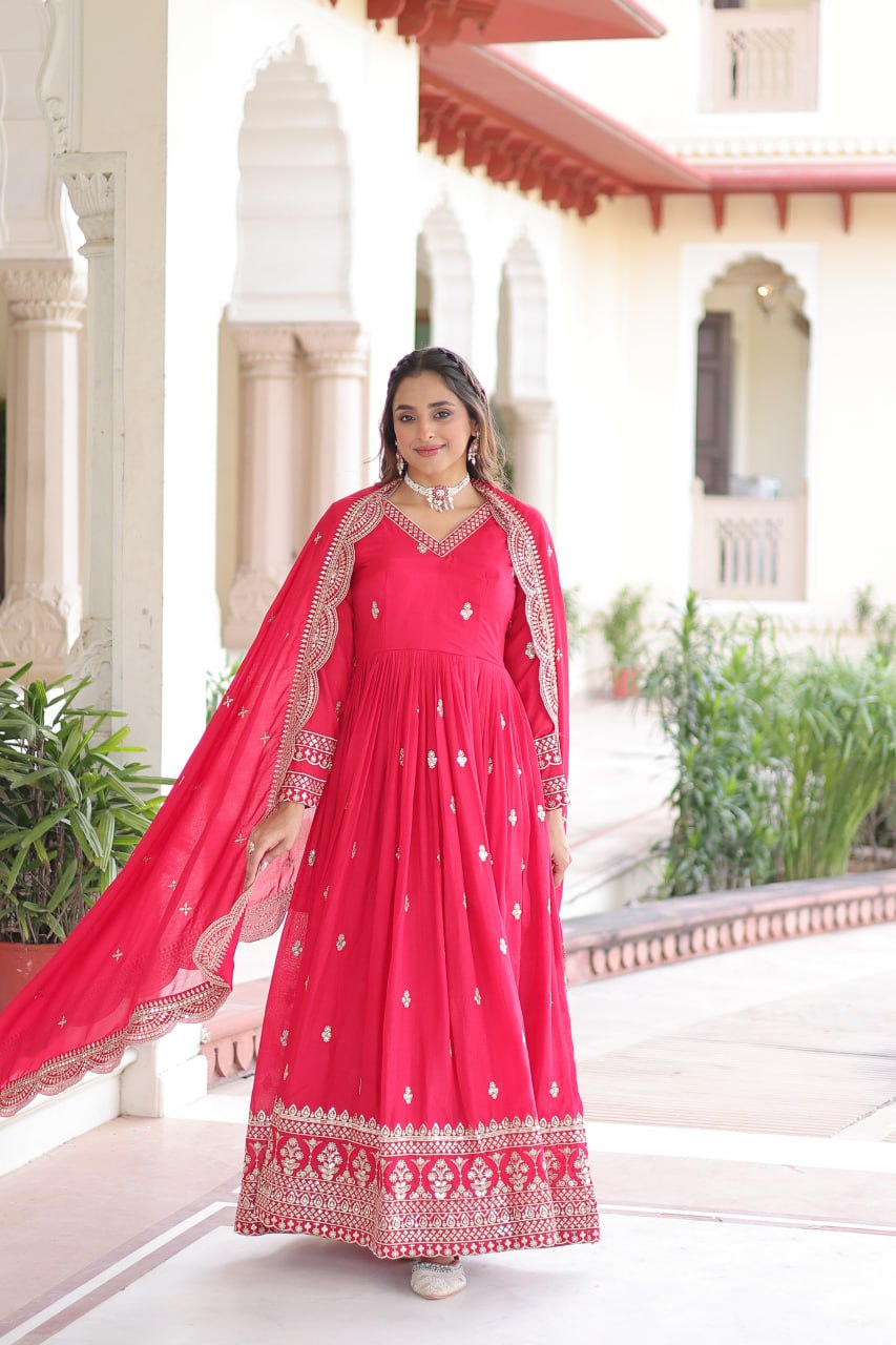 Rani Pink Designer Vichitra Silk Embroidered Anarkali Gown with Sequins Zari Cut-Work Dupatta – Fully Stitched Festive Wear ClothsVilla