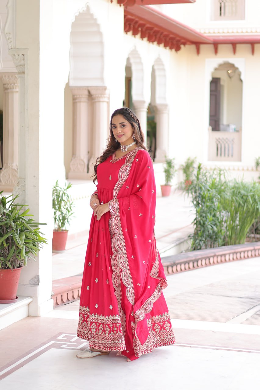 Rani Pink Designer Vichitra Silk Embroidered Anarkali Gown with Sequins Zari Cut-Work Dupatta – Fully Stitched Festive Wear ClothsVilla