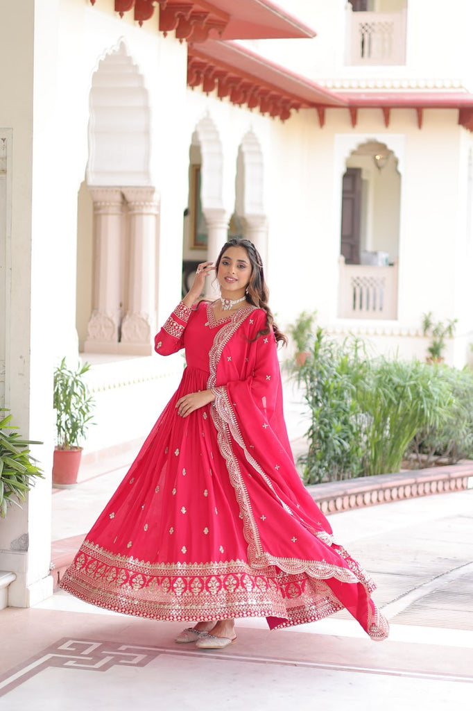 Rani Pink Designer Vichitra Silk Embroidered Anarkali Gown with Sequins Zari Cut-Work Dupatta – Fully Stitched Festive Wear ClothsVilla