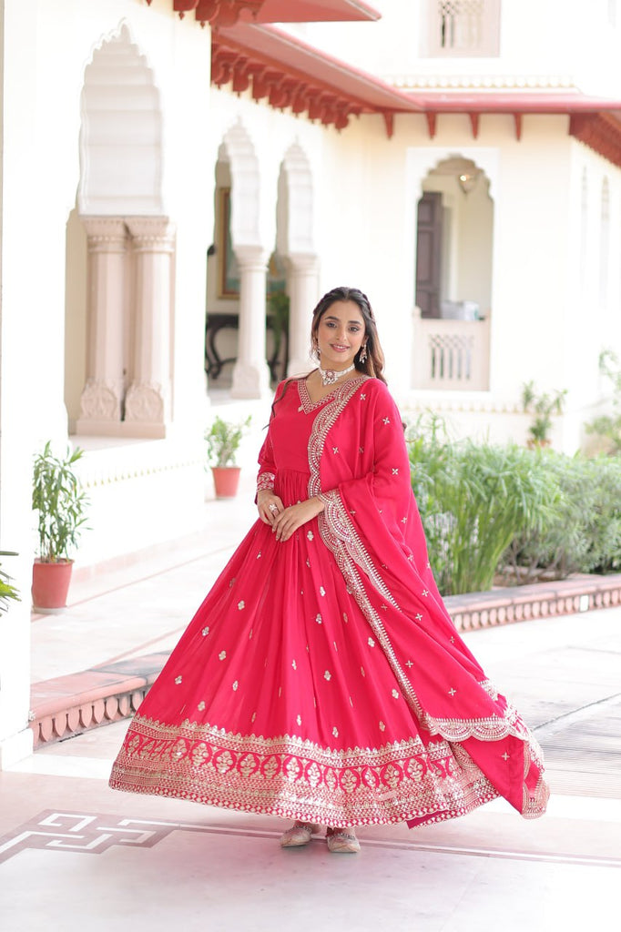 Rani Pink Designer Vichitra Silk Embroidered Anarkali Gown with Sequins Zari Cut-Work Dupatta – Fully Stitched Festive Wear ClothsVilla