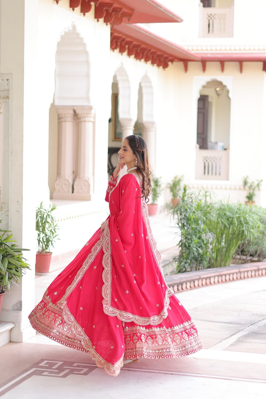 Rani Pink Designer Vichitra Silk Embroidered Anarkali Gown with Sequins Zari Cut-Work Dupatta – Fully Stitched Festive Wear ClothsVilla