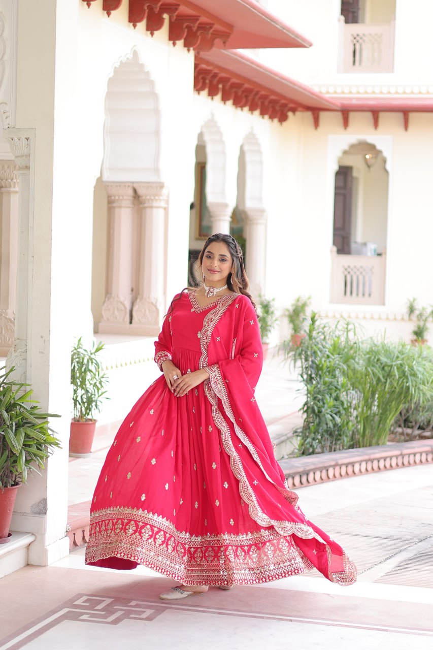Rani Pink Designer Vichitra Silk Embroidered Anarkali Gown with Sequins Zari Cut-Work Dupatta – Fully Stitched Festive Wear ClothsVilla