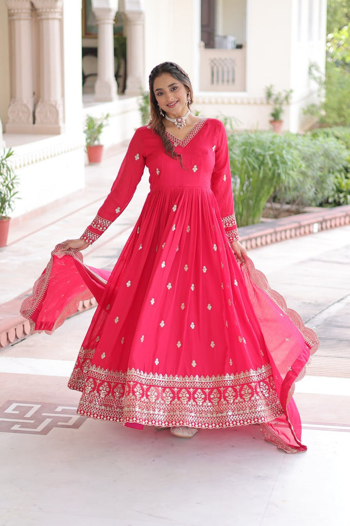 Rani Pink Designer Vichitra Silk Embroidered Anarkali Gown with Sequins Zari Cut-Work Dupatta – Fully Stitched Festive Wear ClothsVilla