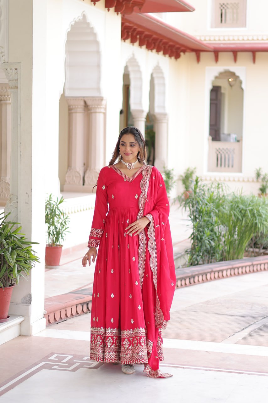 Rani Pink Designer Vichitra Silk Embroidered Anarkali Gown with Sequins Zari Cut-Work Dupatta – Fully Stitched Festive Wear ClothsVilla