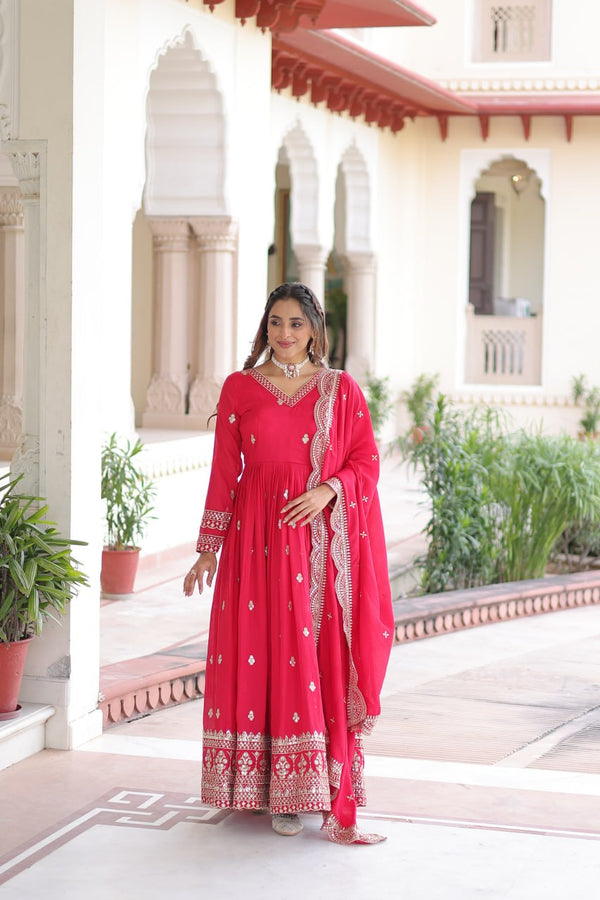 Rani Pink Designer Vichitra Silk Embroidered Anarkali Gown with Sequins Zari Cut-Work Dupatta – Fully Stitched Festive Wear ClothsVilla