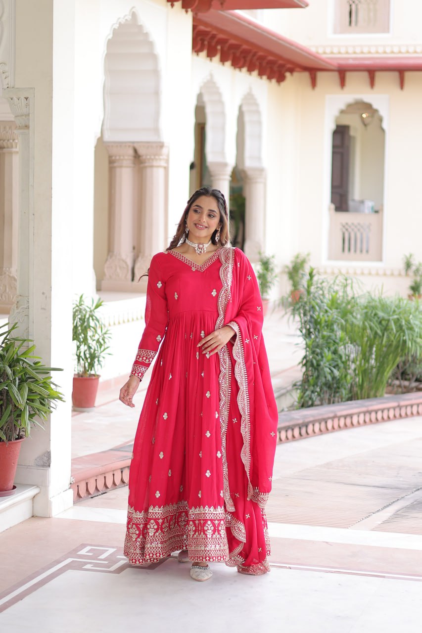 Rani Pink Designer Vichitra Silk Embroidered Anarkali Gown with Sequins Zari Cut-Work Dupatta – Fully Stitched Festive Wear ClothsVilla