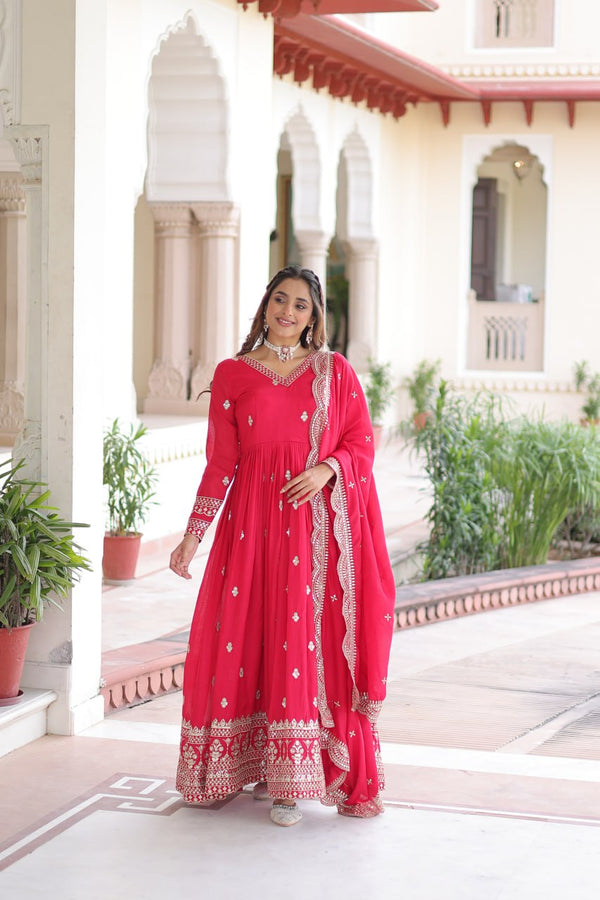 Rani Pink Designer Vichitra Silk Embroidered Anarkali Gown with Sequins Zari Cut-Work Dupatta – Fully Stitched Festive Wear ClothsVilla