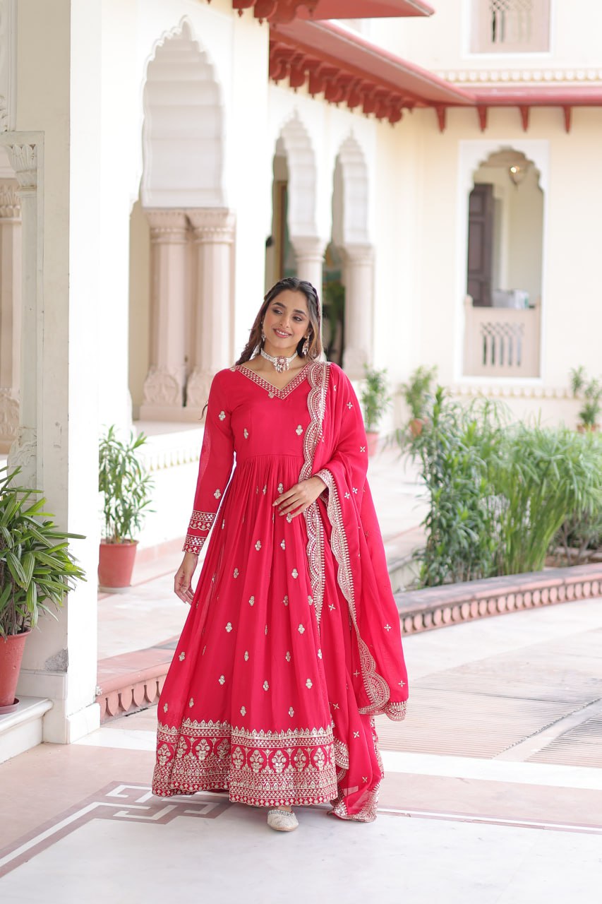 Rani Pink Designer Vichitra Silk Embroidered Anarkali Gown with Sequins Zari Cut-Work Dupatta – Fully Stitched Festive Wear ClothsVilla