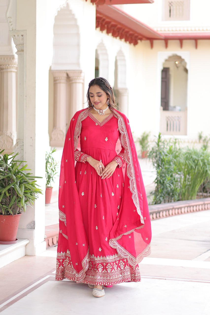 Rani Pink Designer Vichitra Silk Embroidered Anarkali Gown with Sequins Zari Cut-Work Dupatta – Fully Stitched Festive Wear ClothsVilla