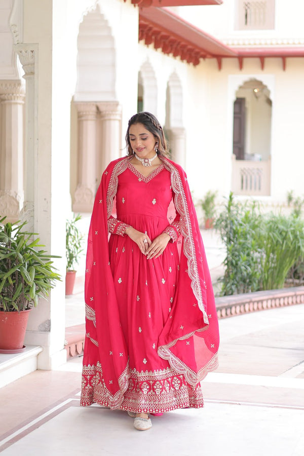 Rani Pink Designer Vichitra Silk Embroidered Anarkali Gown with Sequins Zari Cut-Work Dupatta – Fully Stitched Festive Wear ClothsVilla
