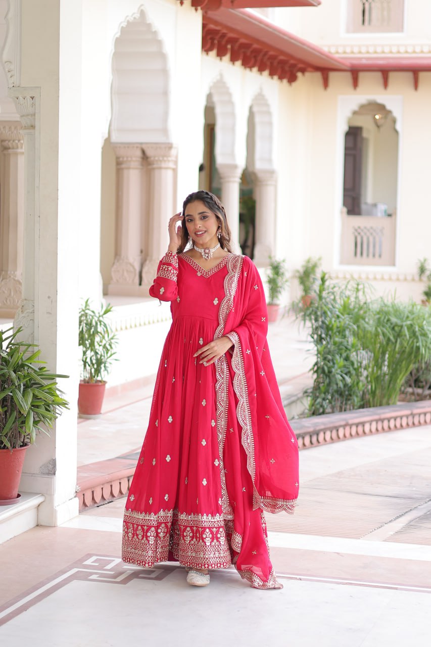 Rani Pink Designer Vichitra Silk Embroidered Anarkali Gown with Sequins Zari Cut-Work Dupatta – Fully Stitched Festive Wear ClothsVilla