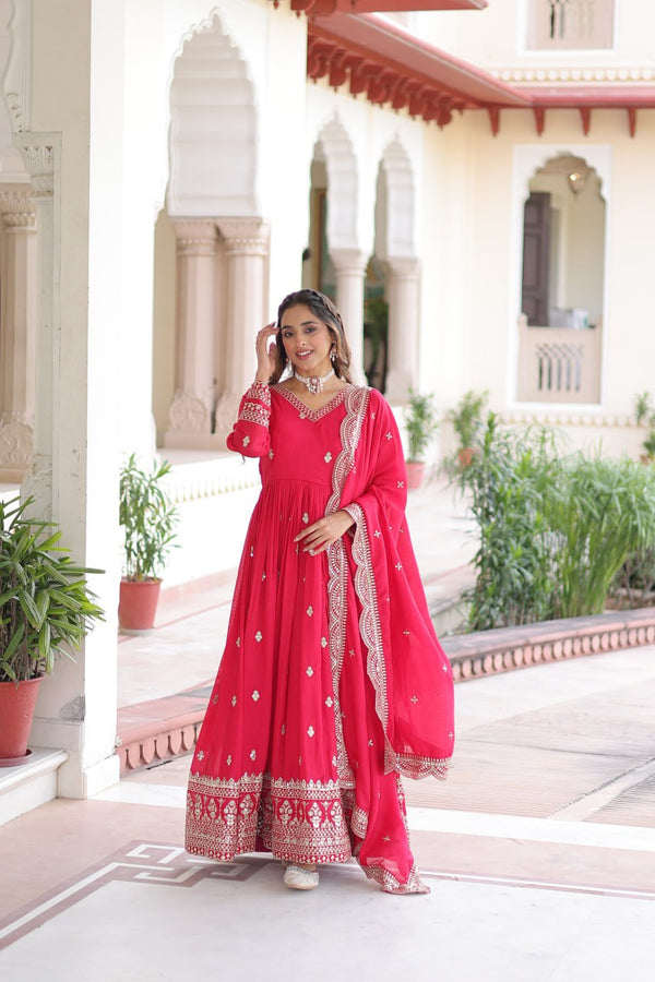 Rani Pink Designer Vichitra Silk Embroidered Anarkali Gown with Sequins Zari Cut-Work Dupatta – Fully Stitched Festive Wear ClothsVilla