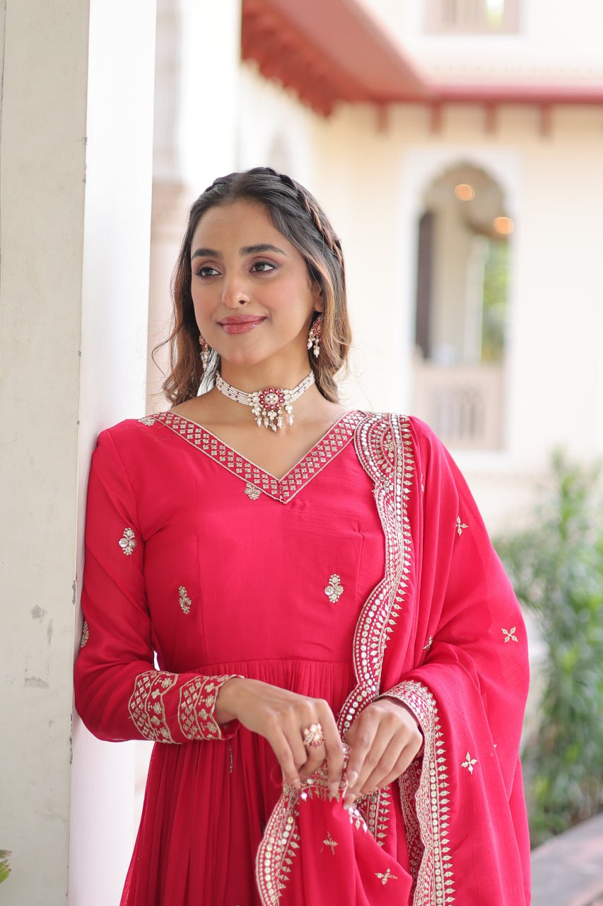 Rani Pink Designer Vichitra Silk Embroidered Anarkali Gown with Sequins Zari Cut-Work Dupatta – Fully Stitched Festive Wear ClothsVilla