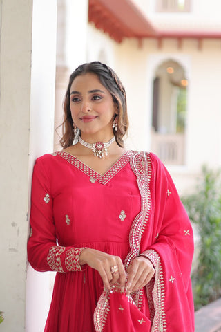 Rani Pink Designer Vichitra Silk Embroidered Anarkali Gown with Sequins Zari Cut-Work Dupatta – Fully Stitched Festive Wear ClothsVilla