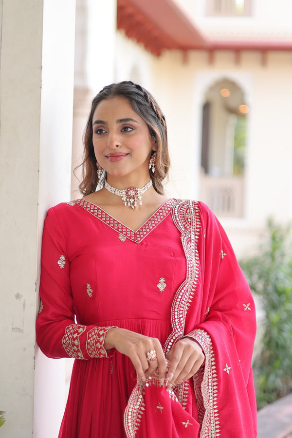 Rani Pink Designer Vichitra Silk Embroidered Anarkali Gown with Sequins Zari Cut-Work Dupatta – Fully Stitched Festive Wear ClothsVilla