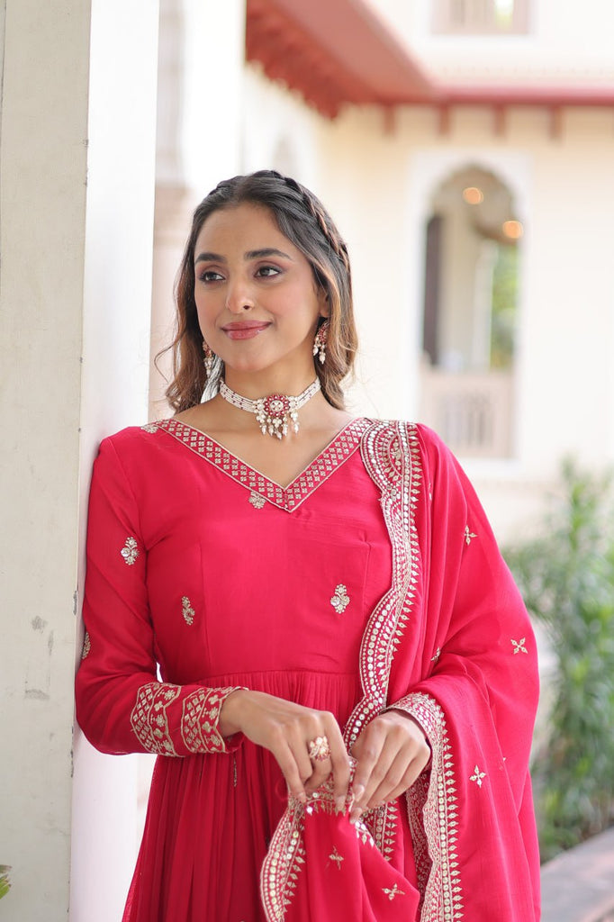 Rani Pink Designer Vichitra Silk Embroidered Anarkali Gown with Sequins Zari Cut-Work Dupatta – Fully Stitched Festive Wear ClothsVilla