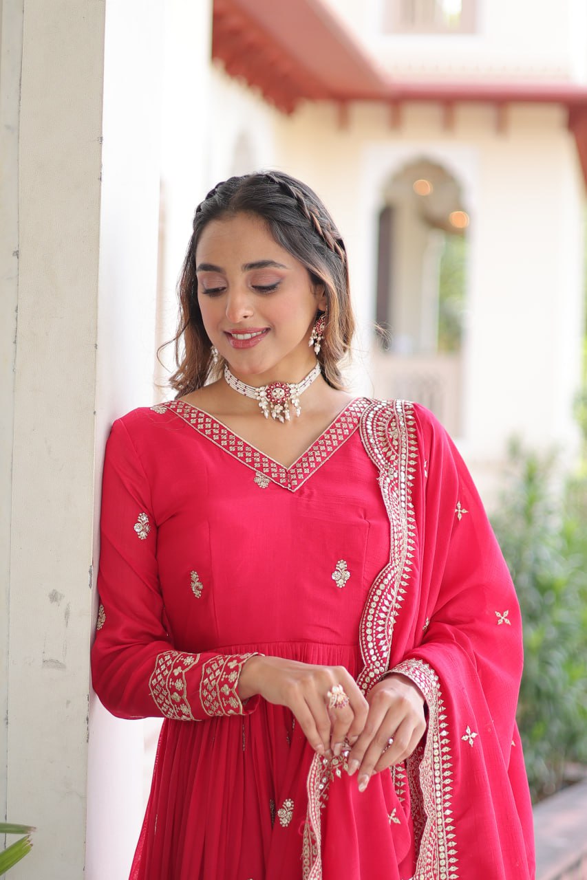 Rani Pink Designer Vichitra Silk Embroidered Anarkali Gown with Sequins Zari Cut-Work Dupatta – Fully Stitched Festive Wear ClothsVilla