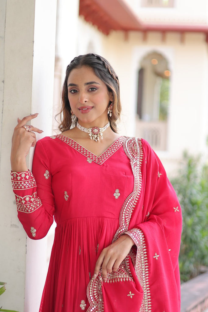 Rani Pink Designer Vichitra Silk Embroidered Anarkali Gown with Sequins Zari Cut-Work Dupatta – Fully Stitched Festive Wear ClothsVilla