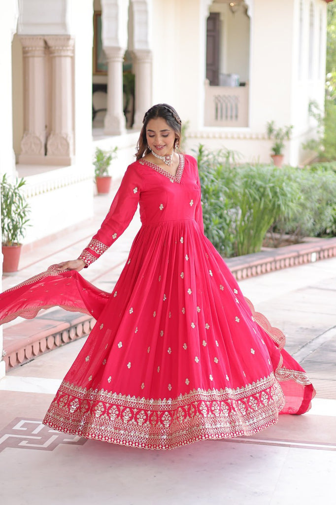 Rani Pink Designer Vichitra Silk Embroidered Anarkali Gown with Sequins Zari Cut-Work Dupatta – Fully Stitched Festive Wear ClothsVilla