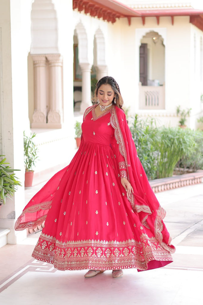 Rani Pink Designer Vichitra Silk Embroidered Anarkali Gown with Sequins Zari Cut-Work Dupatta – Fully Stitched Festive Wear ClothsVilla