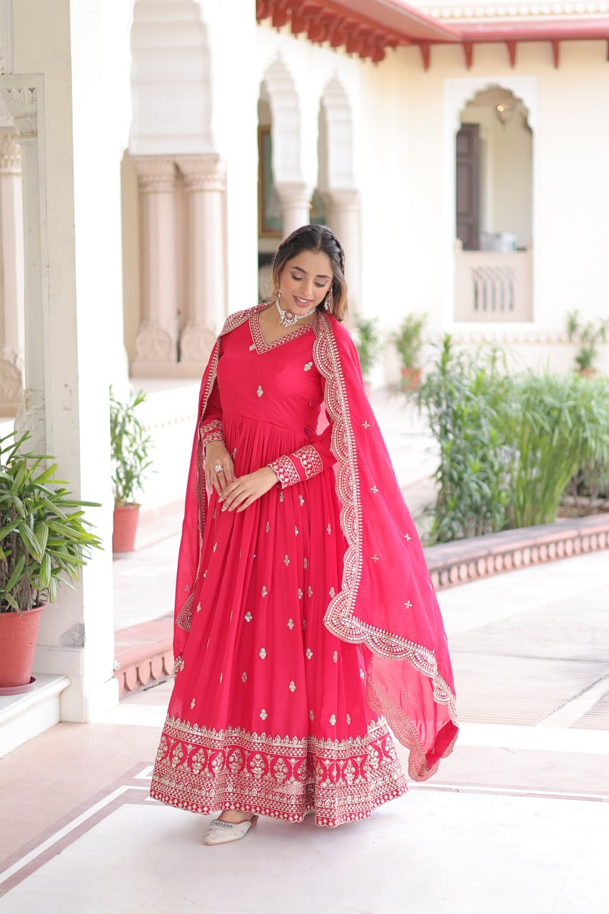 Rani Pink Designer Vichitra Silk Embroidered Anarkali Gown with Sequins Zari Cut-Work Dupatta – Fully Stitched Festive Wear ClothsVilla