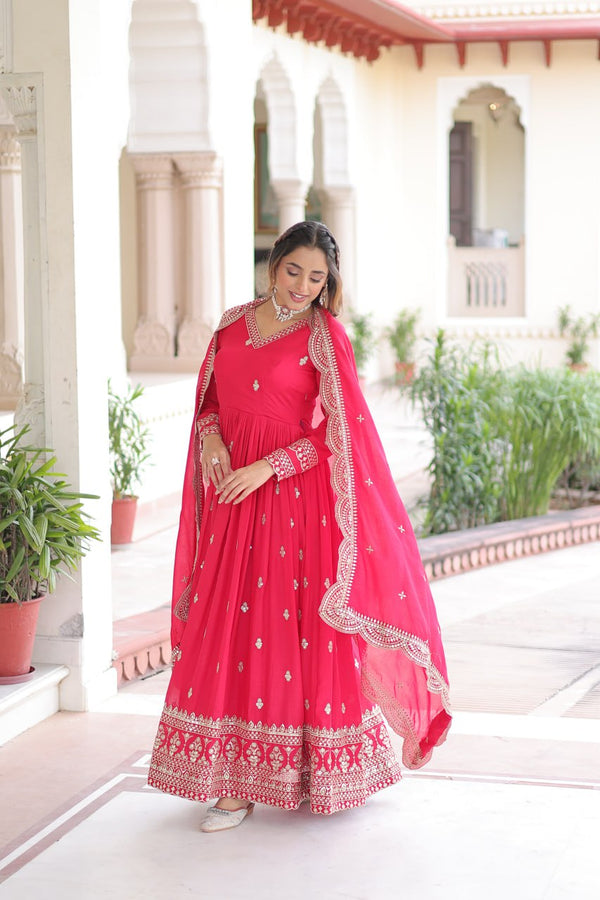 Rani Pink Designer Vichitra Silk Embroidered Anarkali Gown with Sequins Zari Cut-Work Dupatta – Fully Stitched Festive Wear ClothsVilla
