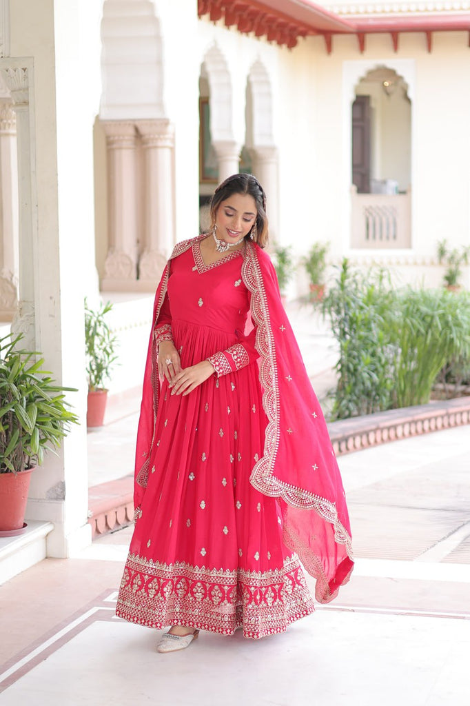 Rani Pink Designer Vichitra Silk Embroidered Anarkali Gown with Sequins Zari Cut-Work Dupatta – Fully Stitched Festive Wear ClothsVilla
