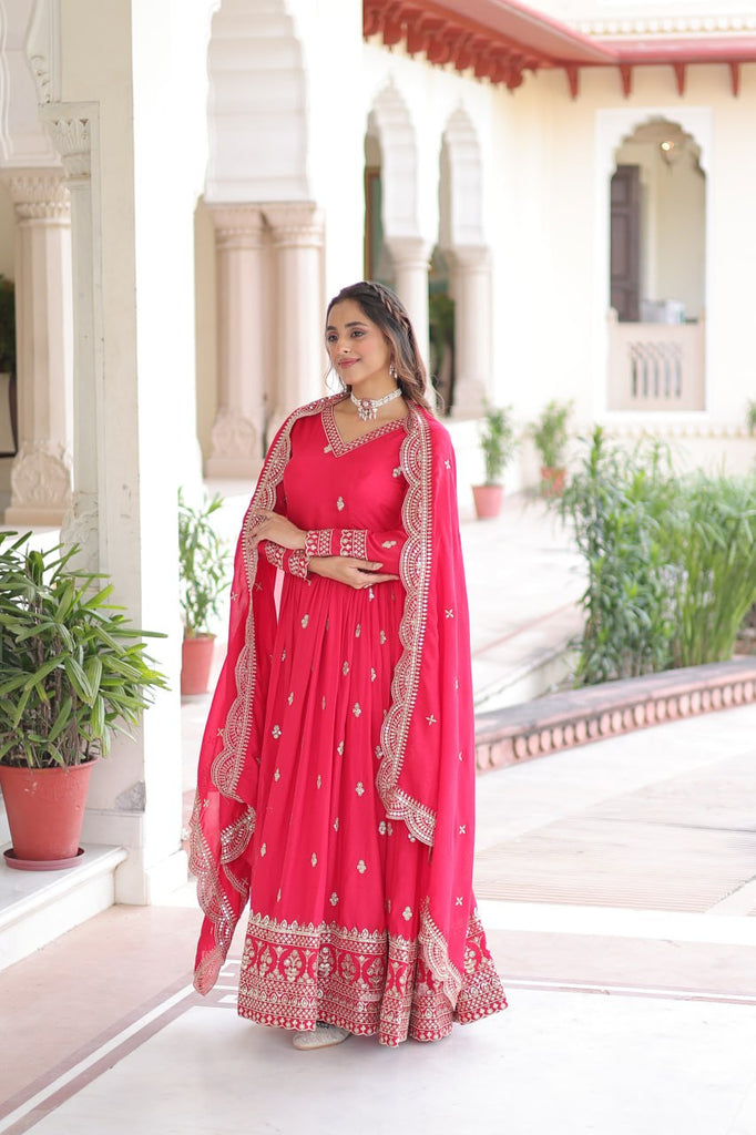 Rani Pink Designer Vichitra Silk Embroidered Anarkali Gown with Sequins Zari Cut-Work Dupatta – Fully Stitched Festive Wear ClothsVilla