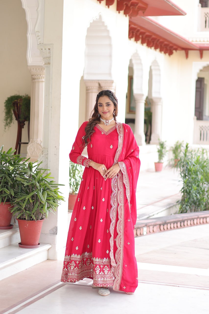 Rani Pink Designer Vichitra Silk Embroidered Anarkali Gown with Sequins Zari Cut-Work Dupatta – Fully Stitched Festive Wear ClothsVilla