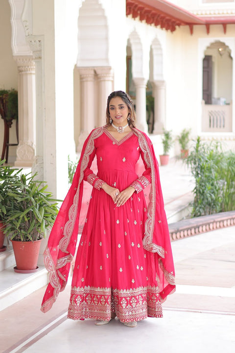 Rani Pink Designer Vichitra Silk Embroidered Anarkali Gown with Sequins Zari Cut-Work Dupatta – Fully Stitched Festive Wear ClothsVilla Main image
