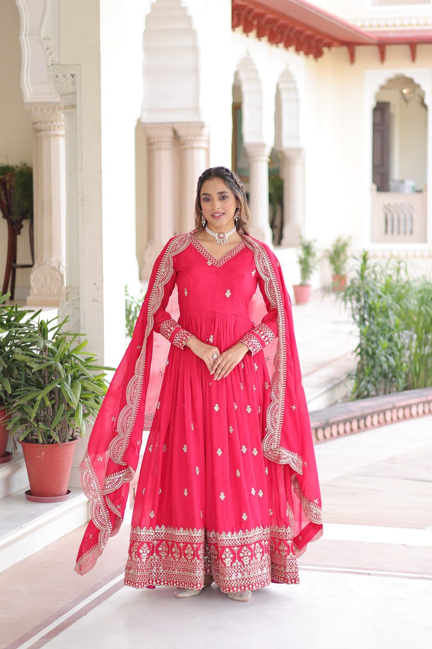 Rani Pink Designer Vichitra Silk Embroidered Anarkali Gown with Sequins Zari Cut-Work Dupatta – Fully Stitched Festive Wear ClothsVilla Main image