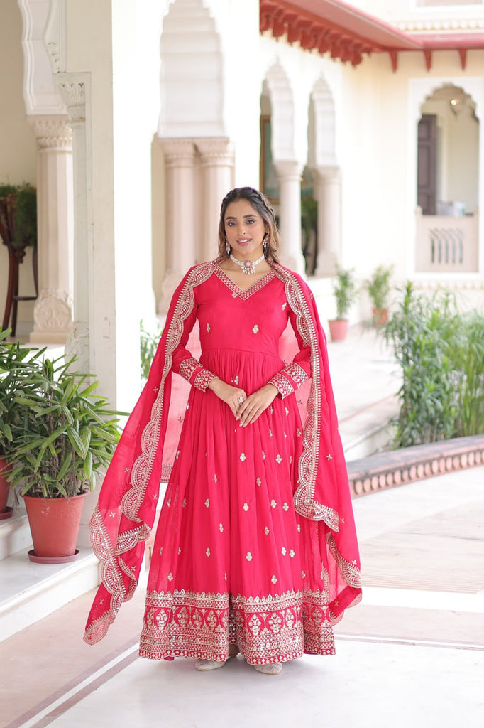 Rani Pink Designer Vichitra Silk Embroidered Anarkali Gown with Sequins Zari Cut-Work Dupatta – Fully Stitched Festive Wear ClothsVilla