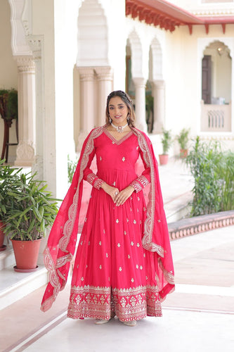 Rani Pink Designer Vichitra Silk Embroidered Anarkali Gown with Sequins Zari Cut-Work Dupatta – Fully Stitched Festive Wear ClothsVilla