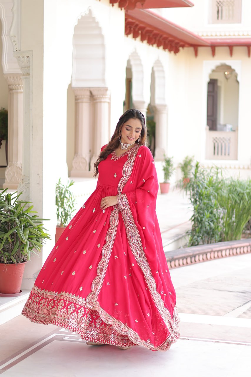 Rani Pink Designer Vichitra Silk Embroidered Anarkali Gown with Sequins Zari Cut-Work Dupatta – Fully Stitched Festive Wear ClothsVilla