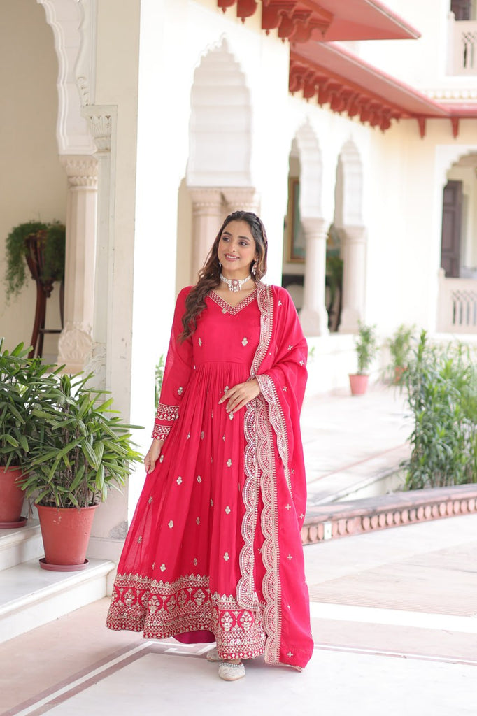 Rani Pink Designer Vichitra Silk Embroidered Anarkali Gown with Sequins Zari Cut-Work Dupatta – Fully Stitched Festive Wear ClothsVilla