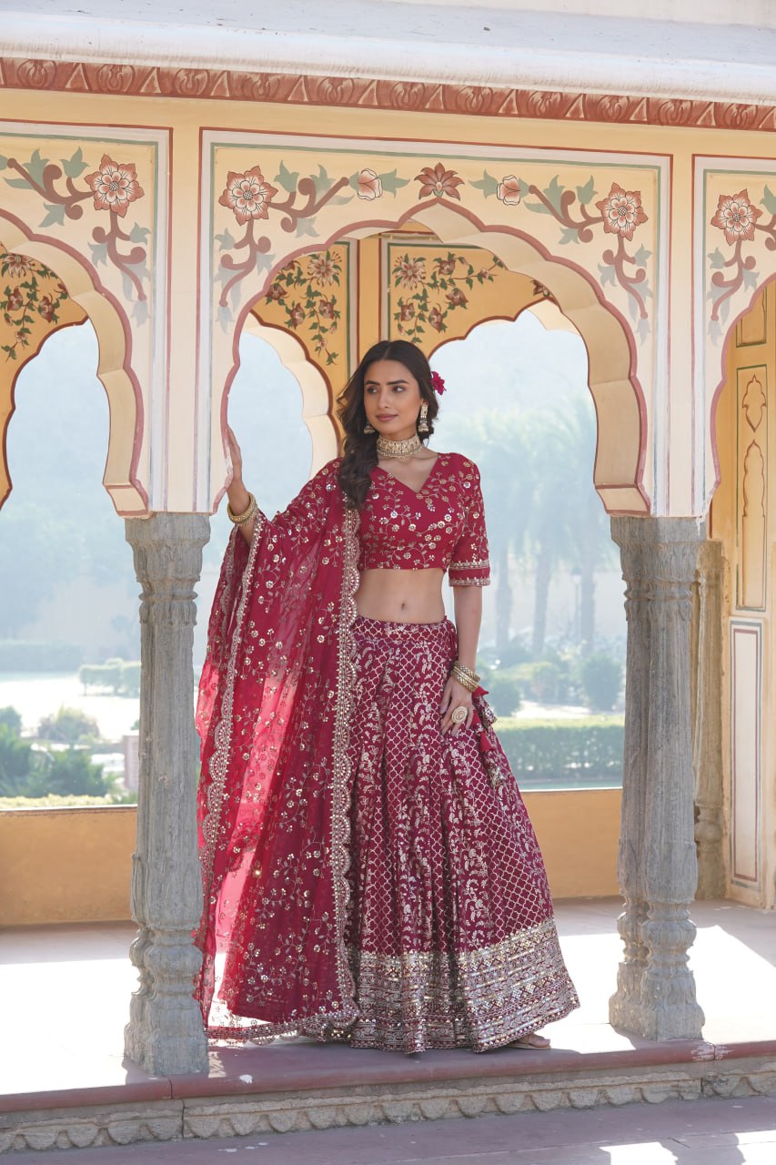 Rani Pink Designer Viscose Jacquard Lehenga Choli & Dupatta Set with Sequins ClothsVilla