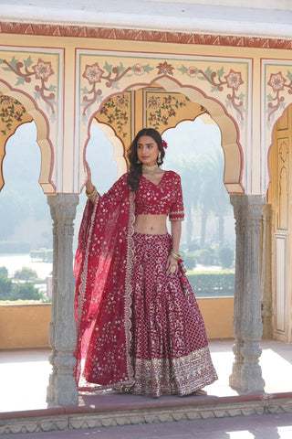 Rani Pink Designer Viscose Jacquard Lehenga Choli & Dupatta Set with Sequins ClothsVilla
