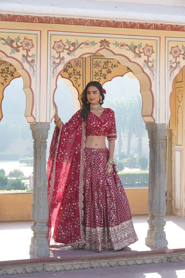 Rani Pink Designer Viscose Jacquard Lehenga Choli & Dupatta Set with Sequins ClothsVilla